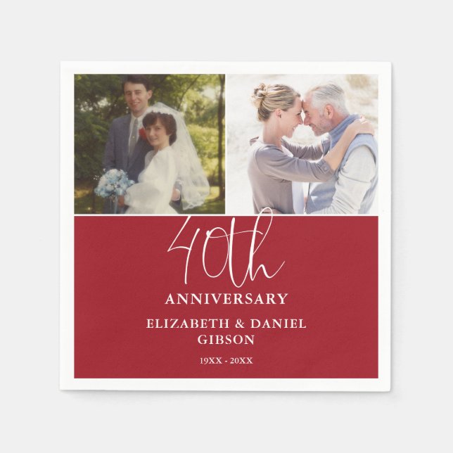 Servilleta De Papel Aniversario de bodas de 40 años con 2 fotos Then A (Anverso)