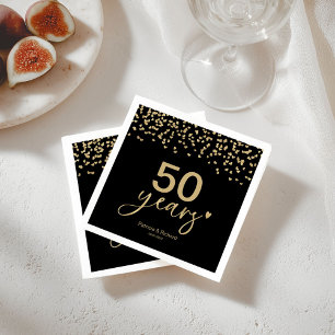 Servilleta De Papel Aniversario de Bodas de 50 Años Chic Negro y Dorad