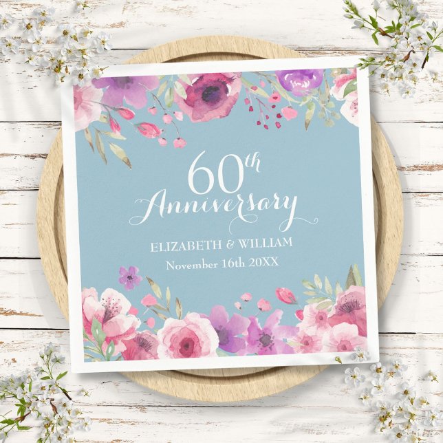 Servilleta De Papel Aniversario de Bodas de Diamante número 60 Rosas F (60th Wedding Anniversary Watercolor Roses Floral Napkins)