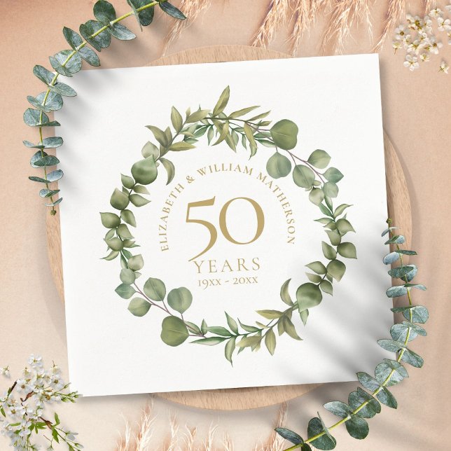 Servilleta De Papel Aniversario de bodas de oro número 50 Guirnalda de (50th Golden Wedding Anniversary Greenery Garland Napkins)
