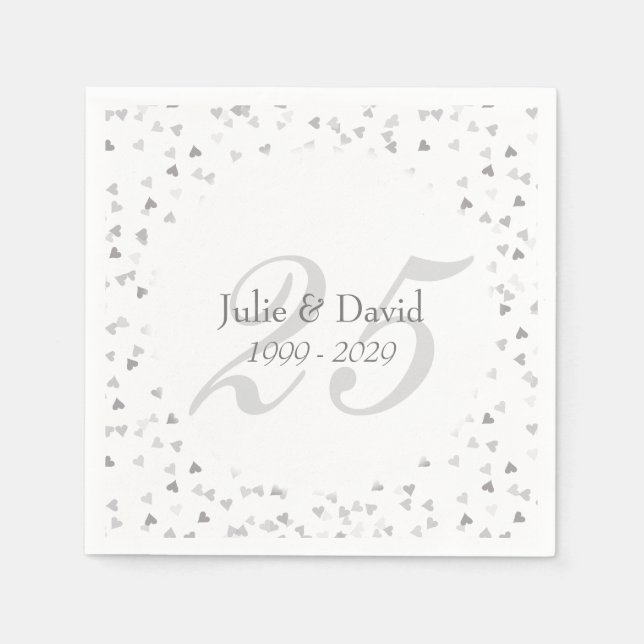 Servilleta De Papel Aniversario de bodas de plata Confeti de Corazones (Anverso)