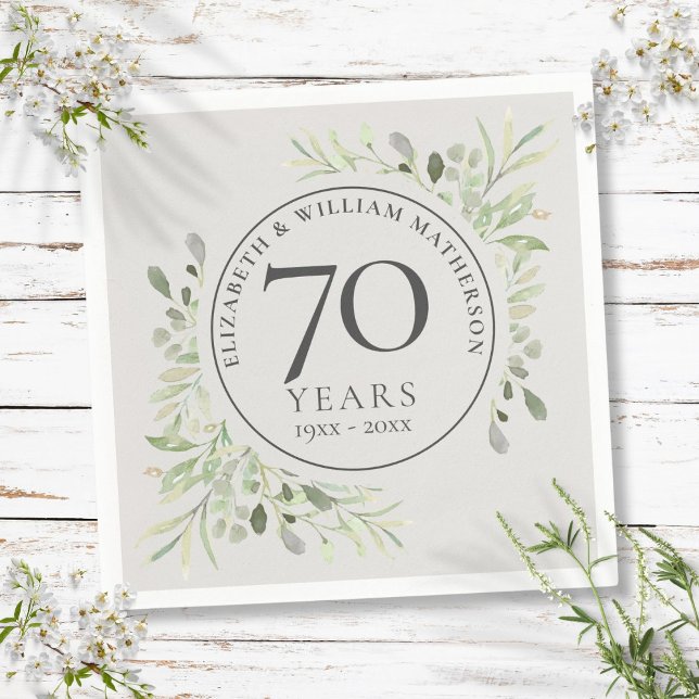 Servilleta De Papel Aniversario de Bodas de Platino de 70 años con Ver (70th Wedding Anniversary Platinum Greenery Napkins)