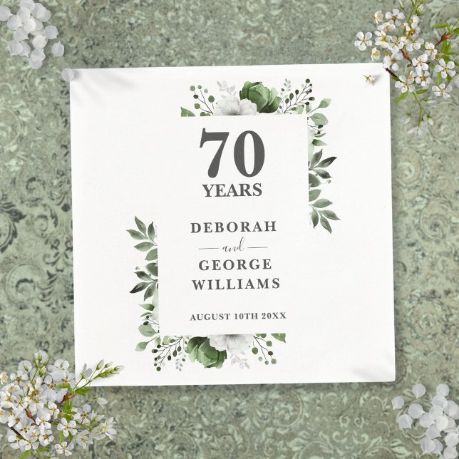 Servilleta De Papel Aniversario de Bodas de Platino Floral Greenery 70 (Platinum Greenery Floral 70th Wedding Anniversary Napkins)