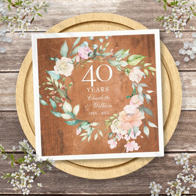 Servilleta De Papel Aniversario de bodas de rubí nº 40 con rosas de ma (40th Ruby Wedding Anniversary Rustic Wood Roses Napkins)
