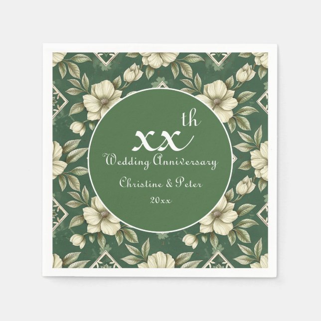 Servilleta De Papel Aniversario de la floral marfil y del Boda esmeral (Anverso)