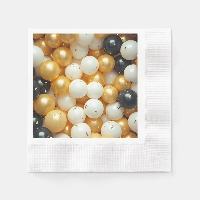 Servilleta De Papel Aniversario de los globos de oro y negro (Anverso)