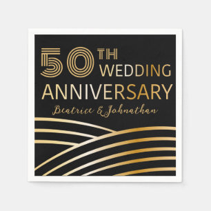 Servilleta De Papel Aniversario del 50° Boda del Negro y Oro Moderno