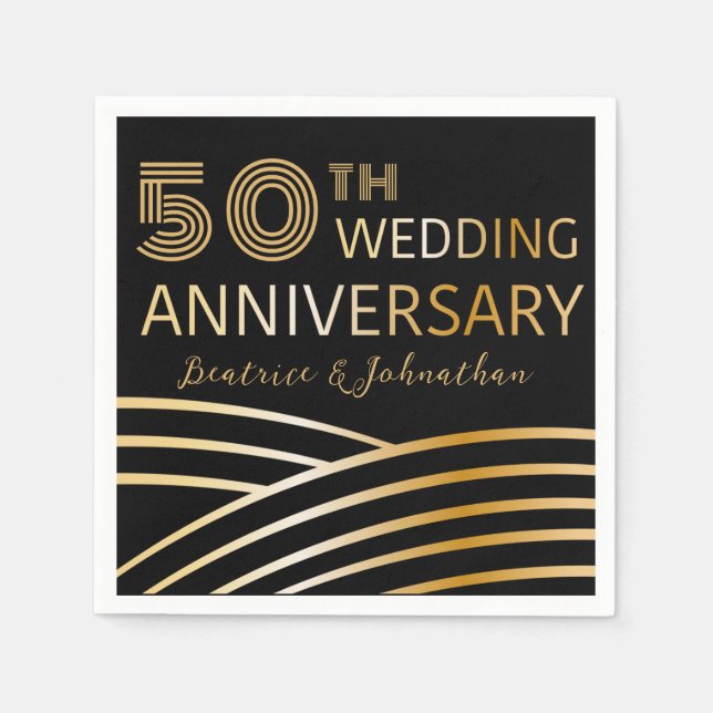 Servilleta De Papel Aniversario del 50° Boda del Negro y Oro Moderno (Anverso)