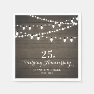 Servilleta De Papel Aniversario del Boda Rustic Wood & String Lights