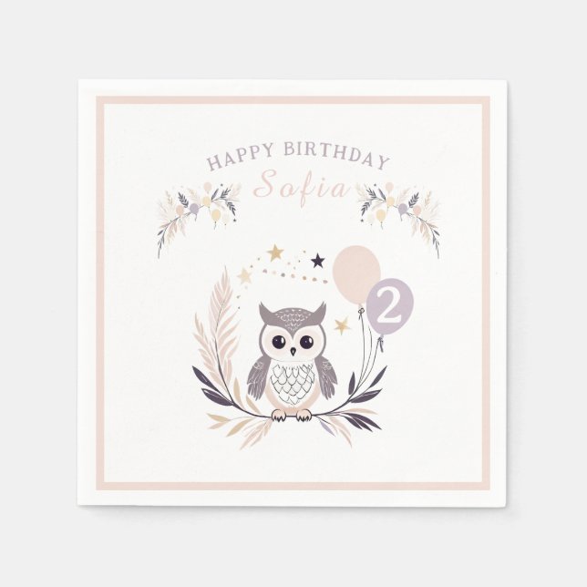 Servilleta De Papel Aniversario del Pastel Boho Owl y los Globos (Anverso)