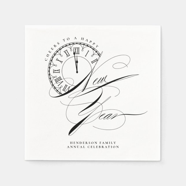 Servilleta De Papel Año Nuevo Blanco y Negro Elegante (Anverso)