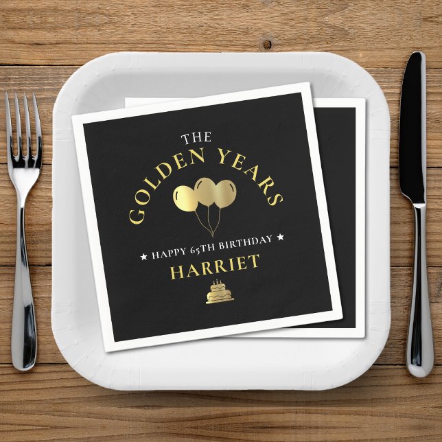 Servilleta De Papel Años de Oro y Negro 65º cumpleaños (Black & Gold Golden Years 65th Birthday Napkins)