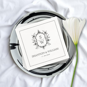 Servilleta De Papel Antigua cresta floral monograma de boda en blanco 