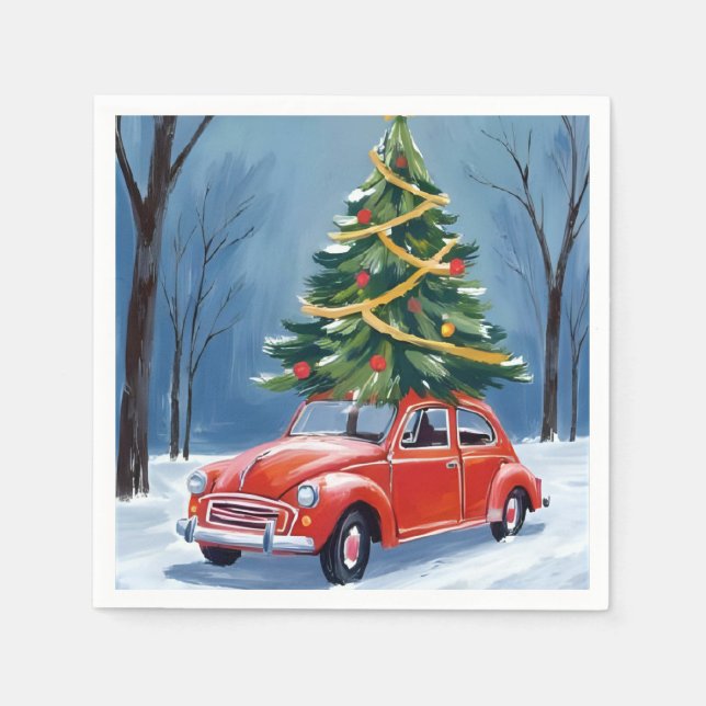 Servilleta De Papel Antique Red Car Christmas Tree Holiday (Anverso)