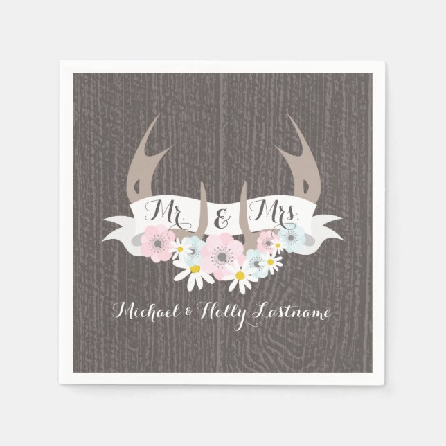 Servilleta De Papel Antlers Florales + Boda de Madera Barn (Anverso)