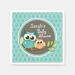 Servilleta De Papel Aqua Turquoise Retro Owls Baby Shower