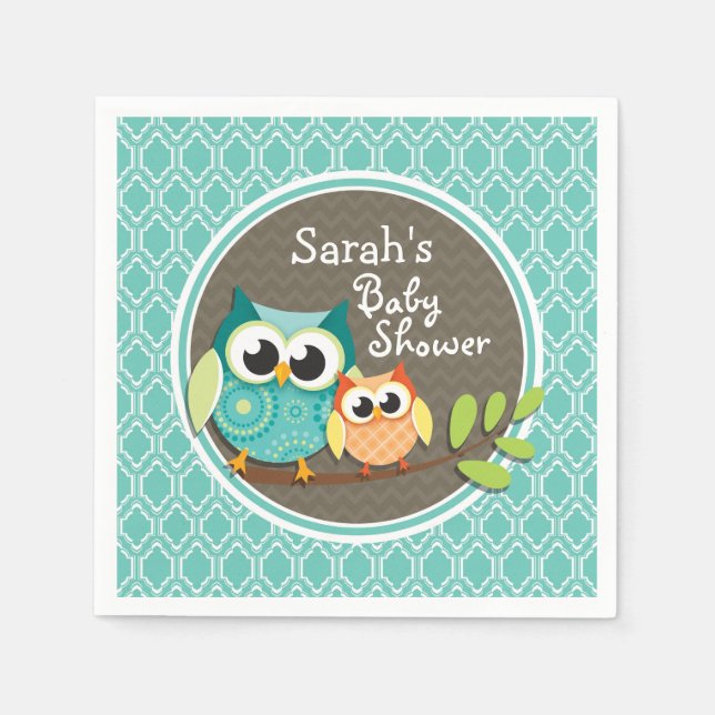 Servilleta De Papel Aqua Turquoise Retro Owls Baby Shower (Anverso)