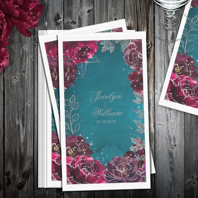 Servilleta De Papel Aqua Verde azulada Merlot Jewel Tone Boda (Aqua Teal Merlot Jewel Tone Wedding Guest Towel Paper Napkin)