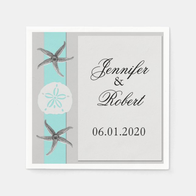 Servilleta De Papel Aqua y Gray Band Boda Napkin (Anverso)
