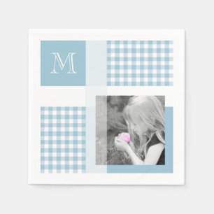 Servilleta De Papel Aquamarine Añade Tu Foto Gingham Monograma Moderno