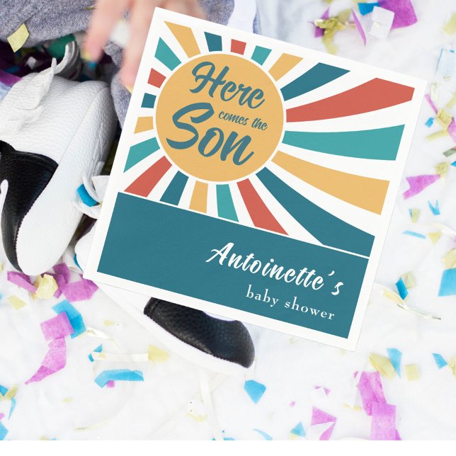 Servilleta De Papel Aquí viene el Baby Shower del Sol Retro Son (Subido por el creador)