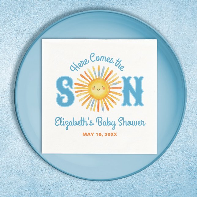 Servilleta De Papel Aquí viene el Baby Shower Son Sunshine (Here Comes the Son baby shower party napkin, Personalize it with your name and date.)