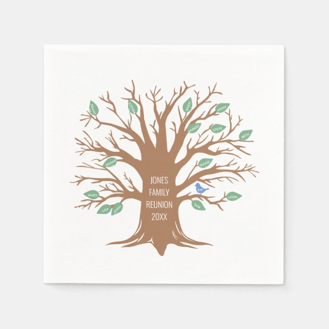 Servilleta De Papel Árbol de familia personalizado con hojas y pájaros (Anverso)