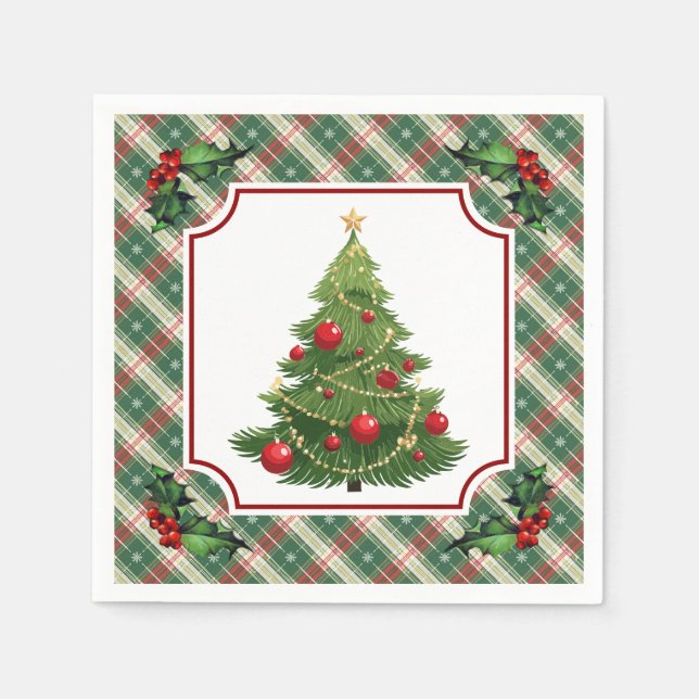 Servilleta De Papel Árbol de Navidad a cuadros con acebo (Anverso)
