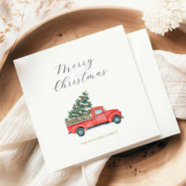 Servilleta De Papel Árbol de navidad acuarela y camioneta roja Feliz N