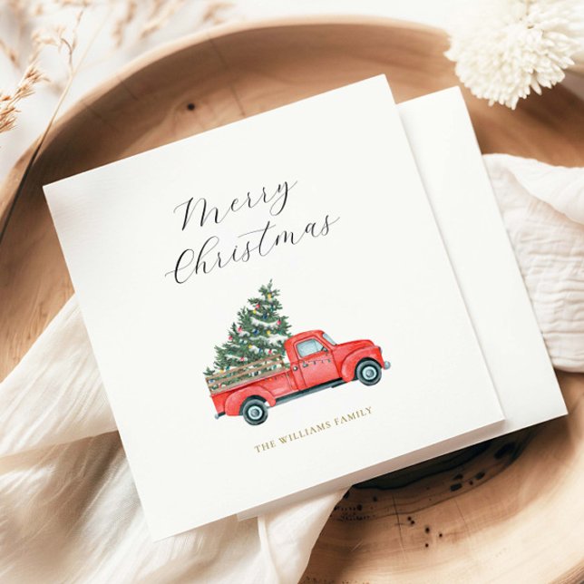 Servilleta De Papel Árbol de navidad acuarela y camioneta roja Feliz N (Subido por el creador)