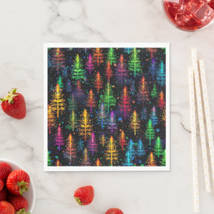 Servilleta De Papel Árbol de Navidad Colorido Brilla en Bosque Oscuro