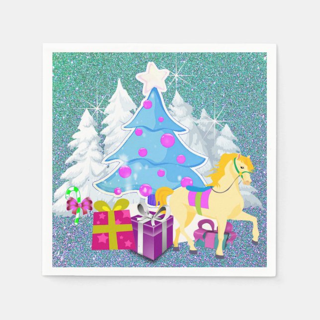 Servilleta De Papel Árbol de Navidad con caballos y regalos Purpurina  (Anverso)