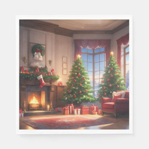 Servilleta De Papel Árbol de Navidad con regalos y chimenea