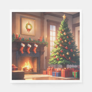 Servilleta De Papel Árbol de Navidad con regalos y chimenea
