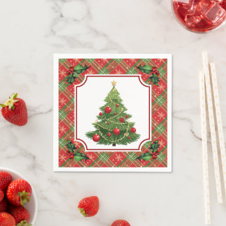 Servilleta De Papel Árbol de Navidad Cuadros Rojos con Acebo