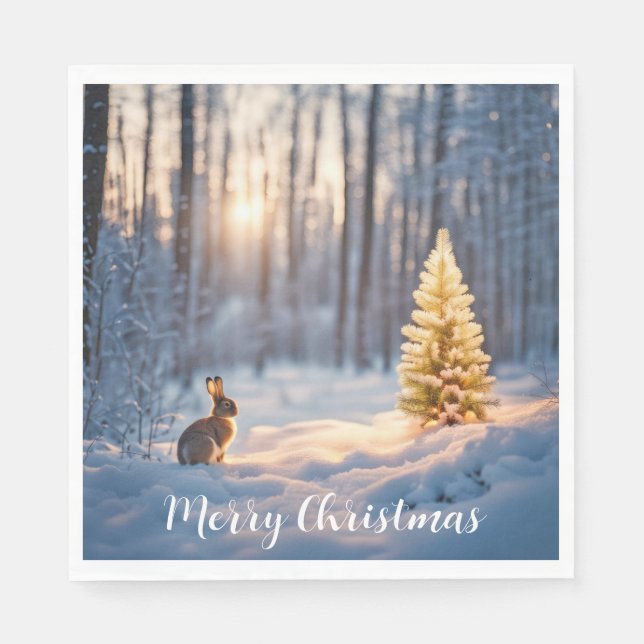 Servilleta De Papel Árbol de Navidad de invierno con conejo (Anverso)