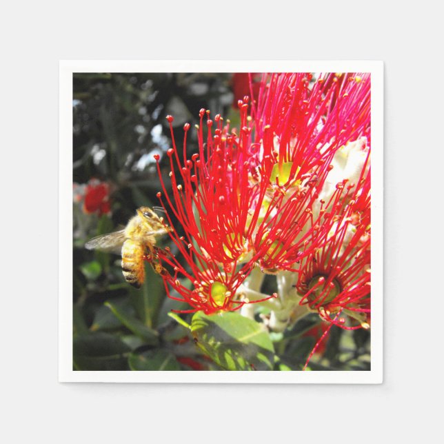 Servilleta De Papel Árbol de Navidad de Nueva Zelanda con flores rojas (Anverso)