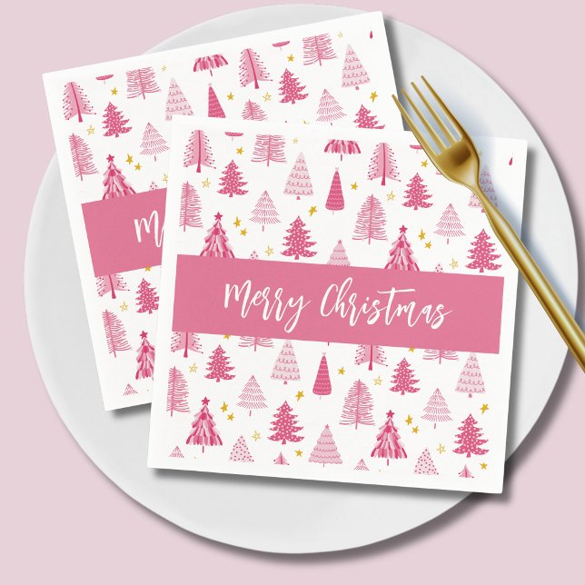 Servilleta De Papel Árbol de Navidad de vacaciones rosa (Pink christmas tree winter forest Merry Christmas Holiday Paper Napkins)