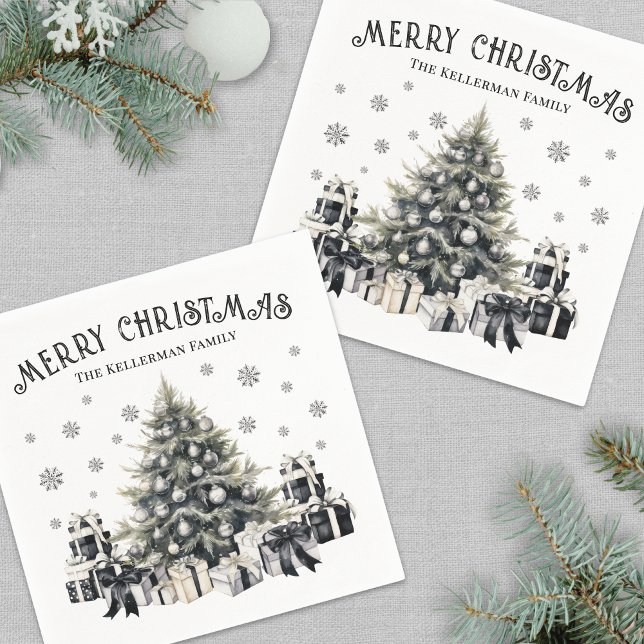 Servilleta De Papel Árbol de Navidad Elegante Blanco y Negro (Black White Elegant Christmas Tree Napkins)