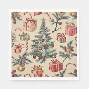 Servilleta De Papel Árbol de Navidad Retro Rojo Verde Crema Fiesta