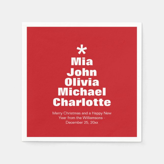 Servilleta De Papel Árbol de Navidad rojo personalizado blanco nombres (Anverso)