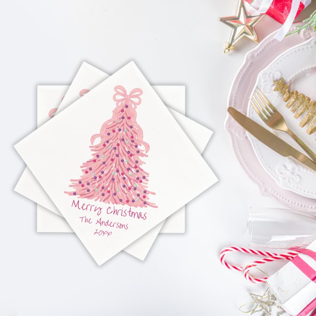 Servilleta De Papel Árbol de Navidad rosa con lazo rosa (Subido por el creador)
