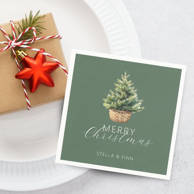Servilleta De Papel Árbol de Navidad rústico en cesta verde polvorient (Rustic Christmas Tree In Basket Dusty Green Napkins)