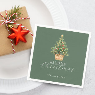 Servilleta De Papel Árbol de Navidad Rústico en Cesta Verde Polvorient