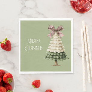 Servilleta De Papel Árbol de Navidad verde crema con lazo rojo  