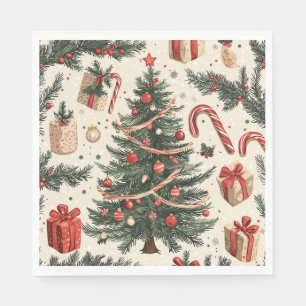 Servilleta De Papel Árbol de Navidad Vintage Toile Rojo Verde Crema