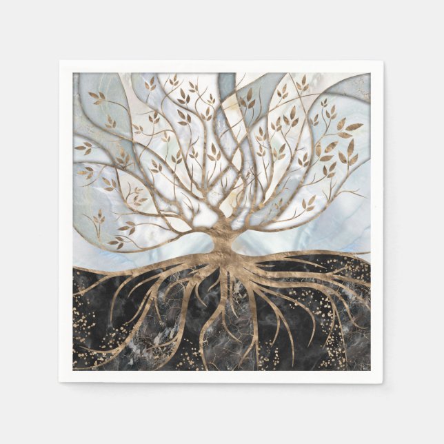 Servilleta De Papel Árbol de vida - Perla, oro y mármol negro (Anverso)