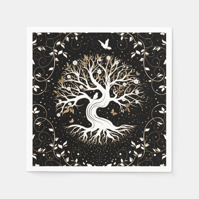 Servilleta De Papel Árbol de vida - Yggdrasil - blanco negro y oro (Anverso)