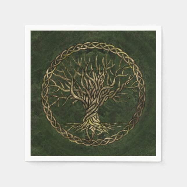 Servilleta De Papel Árbol de vida -Yggdrasil- verde y oro (Anverso)