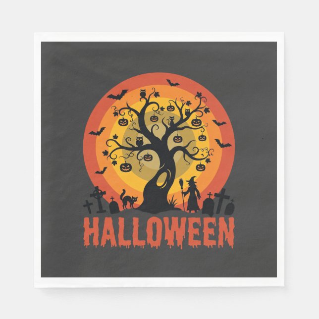 Servilleta De Papel Árbol Embrujado de Halloween Bruja y Gatos Negros (Anverso)